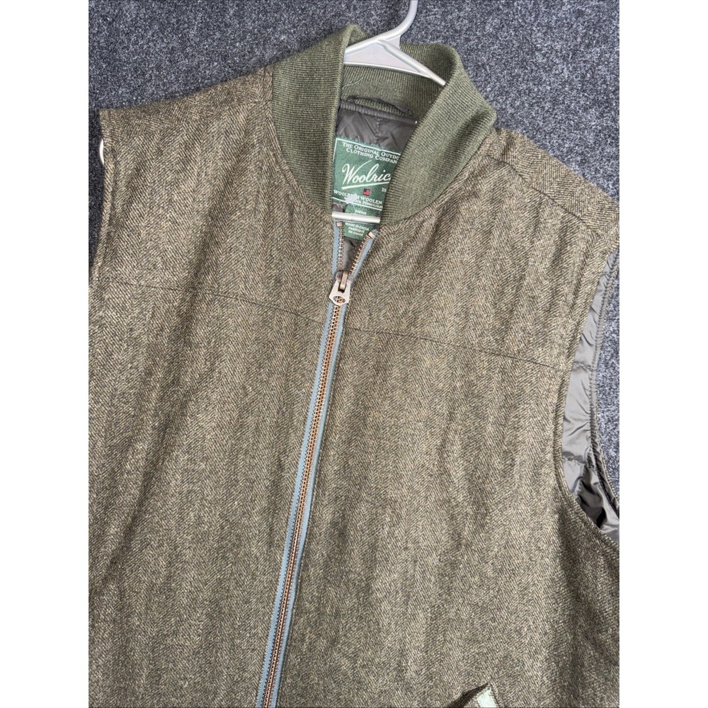 Woolrich Wool Herringbone Full-Zip Lined Vest Mens L Green Stand-Up Collar